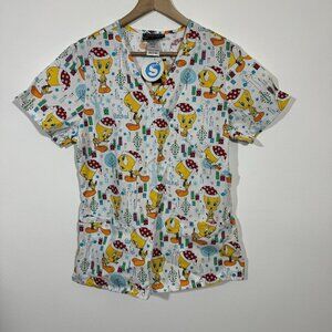 Looney Tunes Tweety bird cartoon holiday Christmas scrubs smock women's SZ S